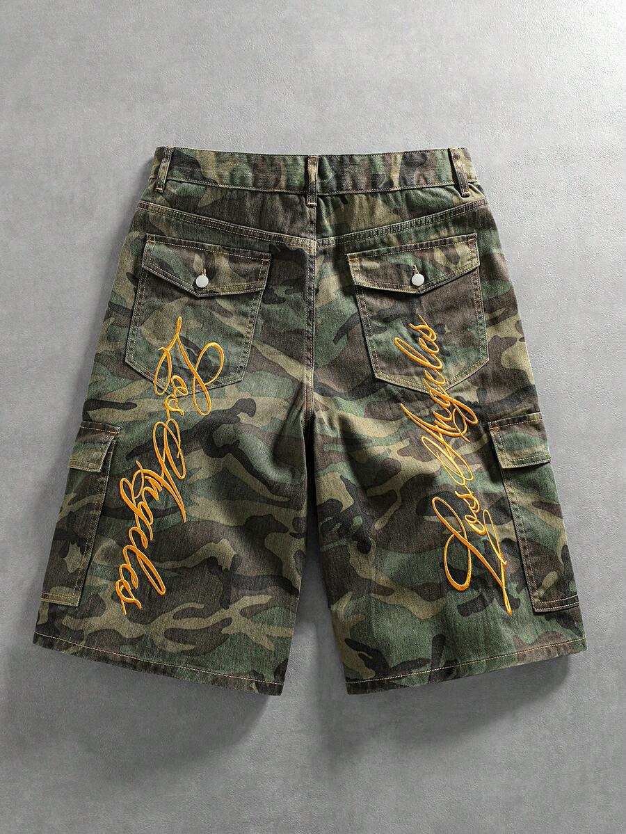 Washed Camo Denim Shorts — Army Green — view 1