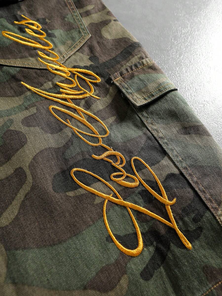 Washed Camo Denim Shorts — Army Green — view 2