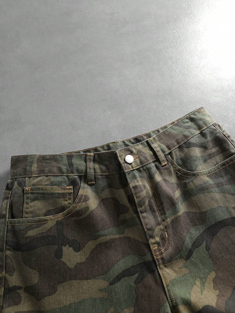 Washed Camo Denim Shorts — Army Green — view 3