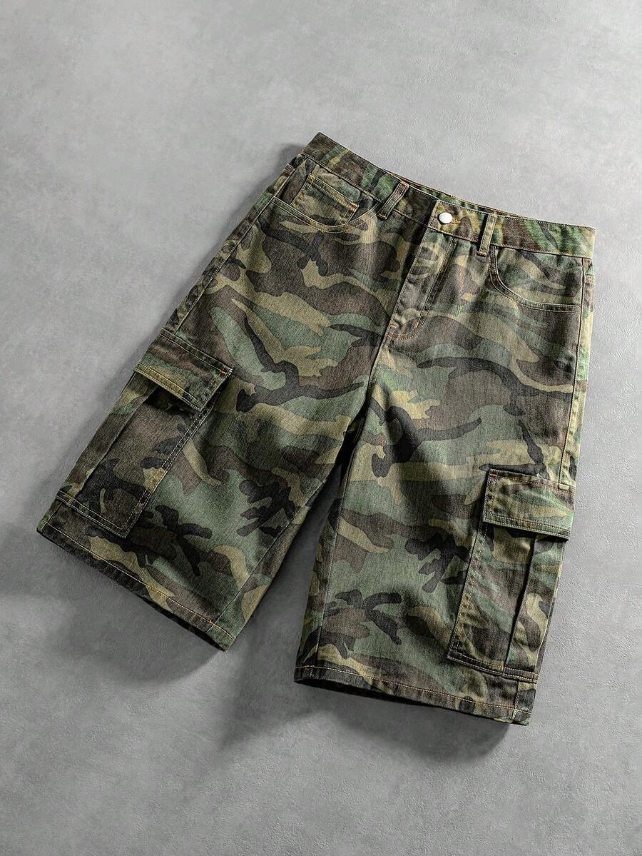 Washed Camo Denim Shorts — Army Green — view 4