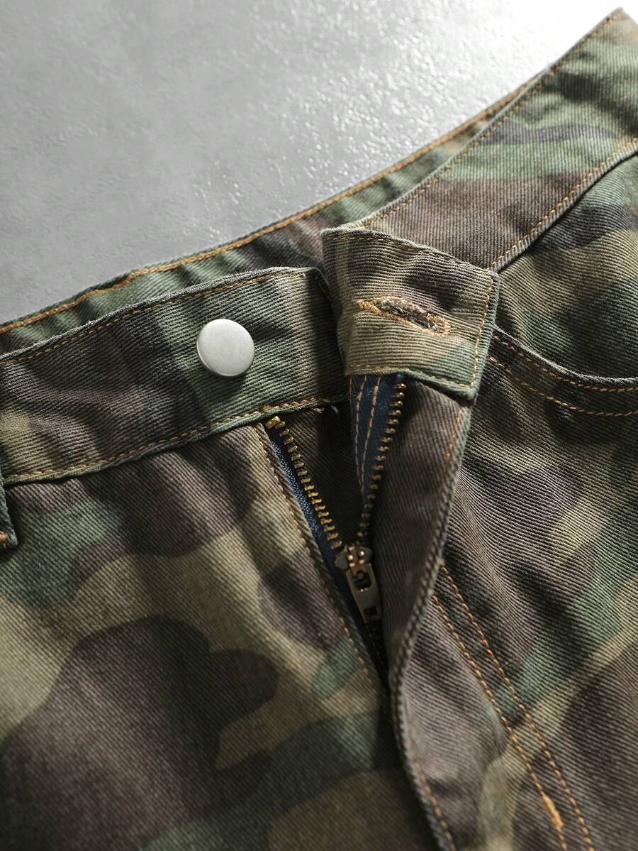 Washed Camo Denim Shorts — Army Green — view 5