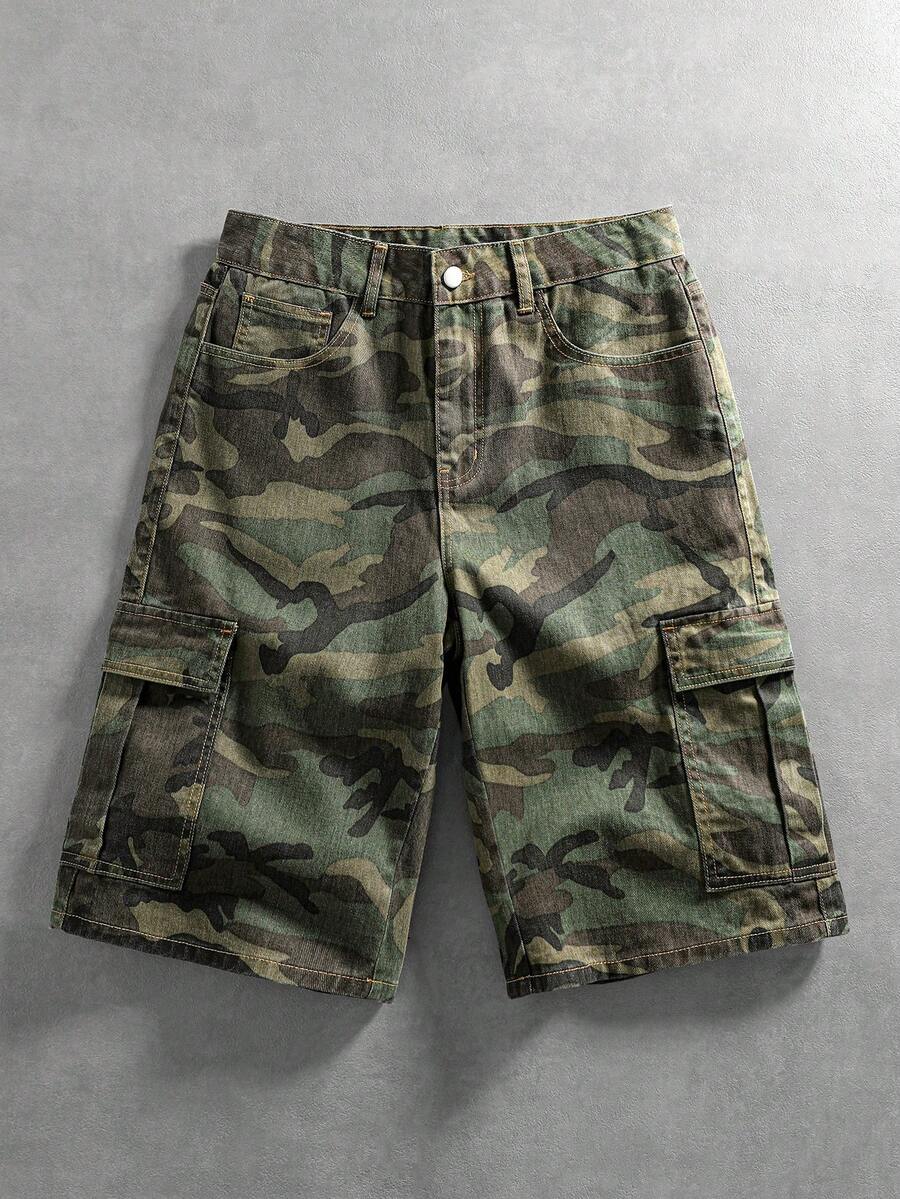 Washed Camo Denim Shorts — Army Green — view 6