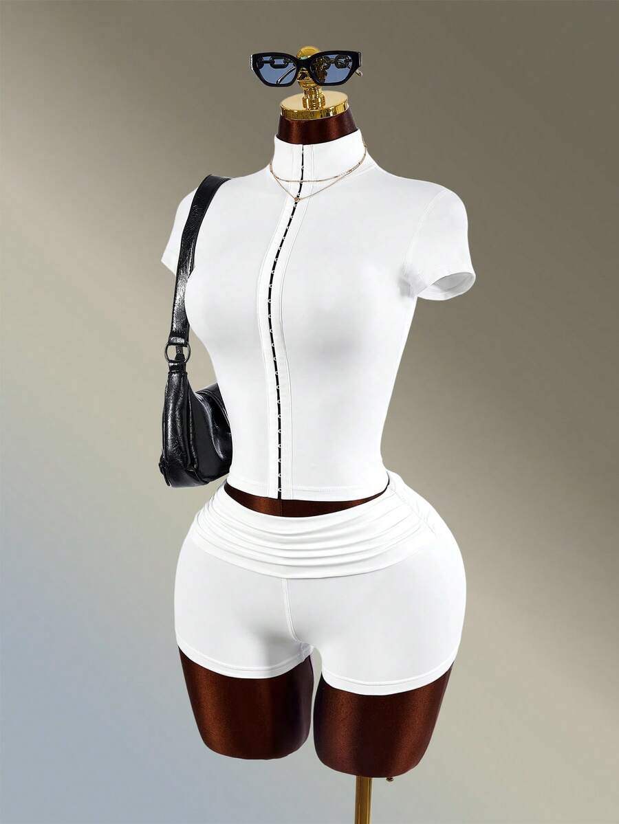 White Drawstring Sport Short Set side view