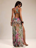 White Floral High-Slit Halter Maxi Dress — Multicolor — view 1