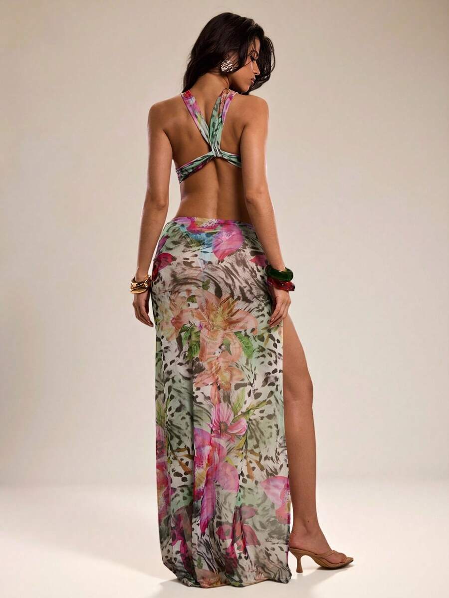 White Floral High-Slit Halter Maxi Dress — Multicolor — view 1