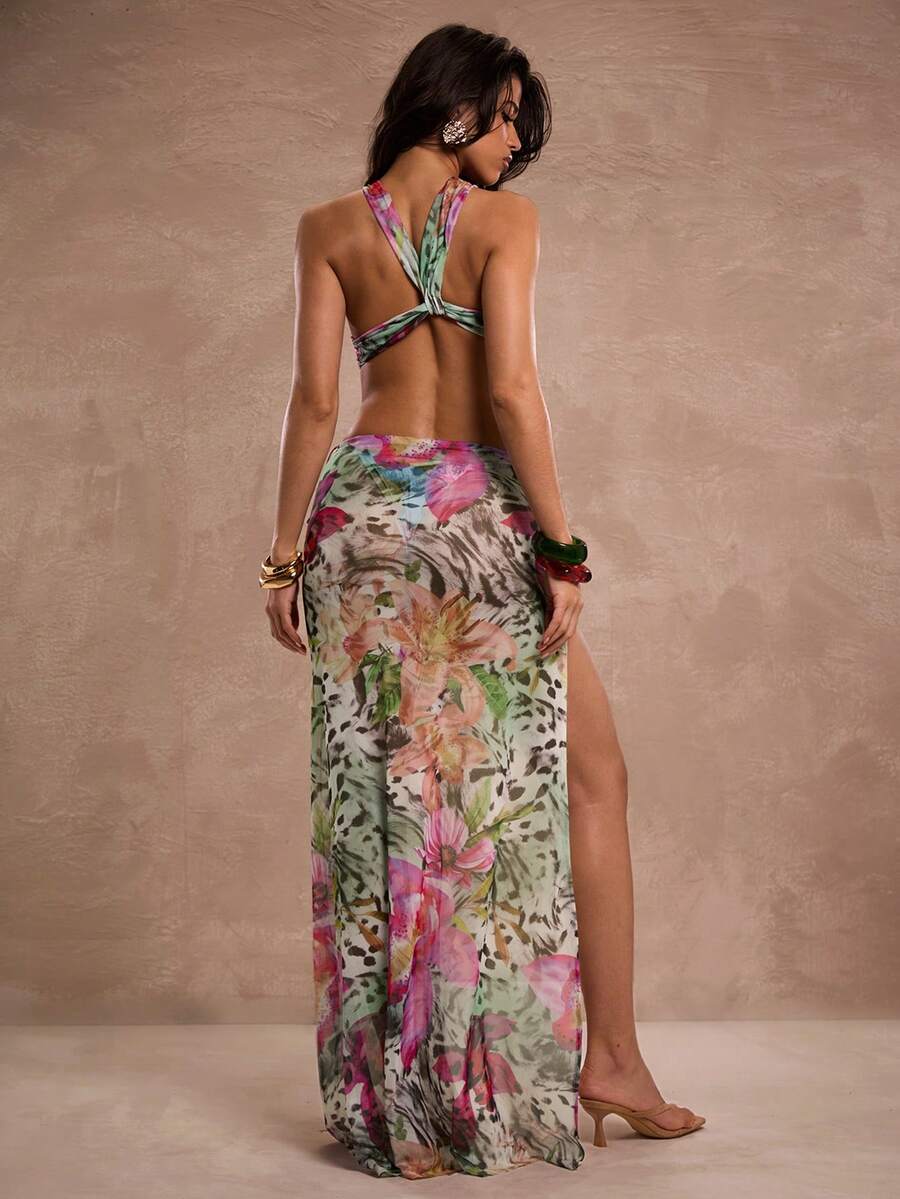 White Floral High-Slit Halter Maxi Dress — Multicolor — view 8