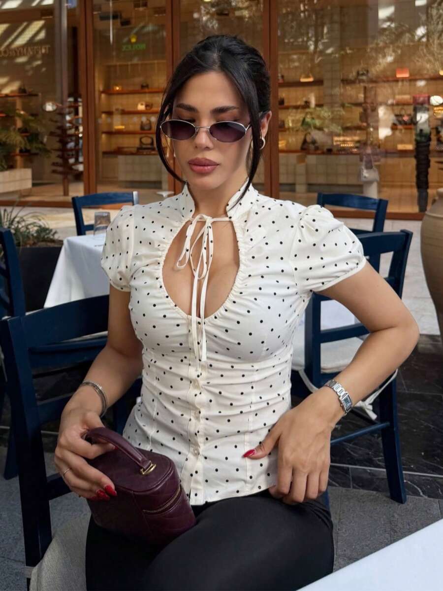 White Polka-Dot Bow-Waist Blouse - back view