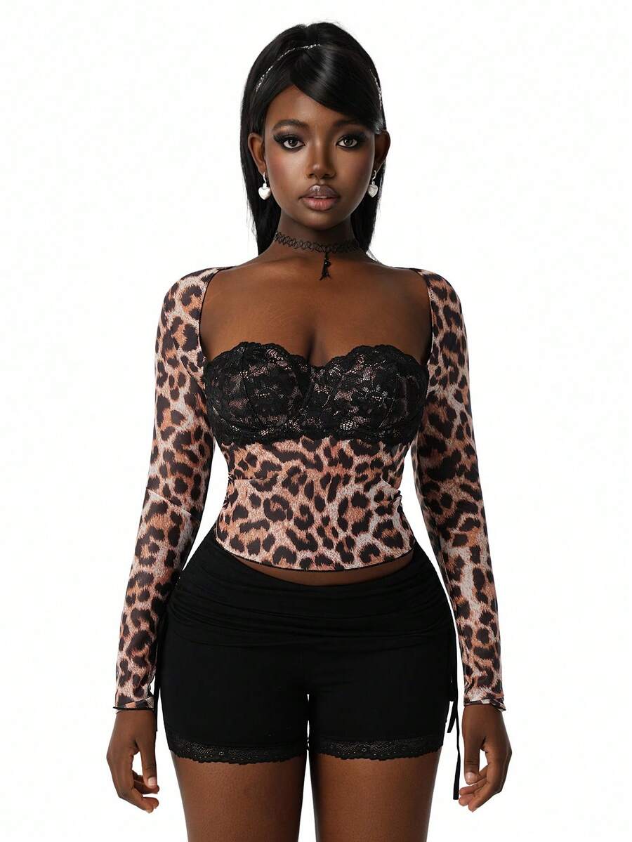 Wild Lace Leopard Long-Sleeve Top — SHEIN view 7