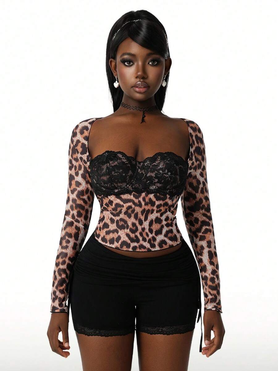Wild Lace Leopard Long-Sleeve Top — SHEIN view 8