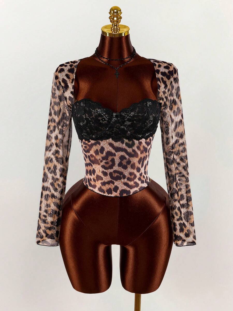 Wild Lace Leopard Long-Sleeve Top — SHEIN view 9