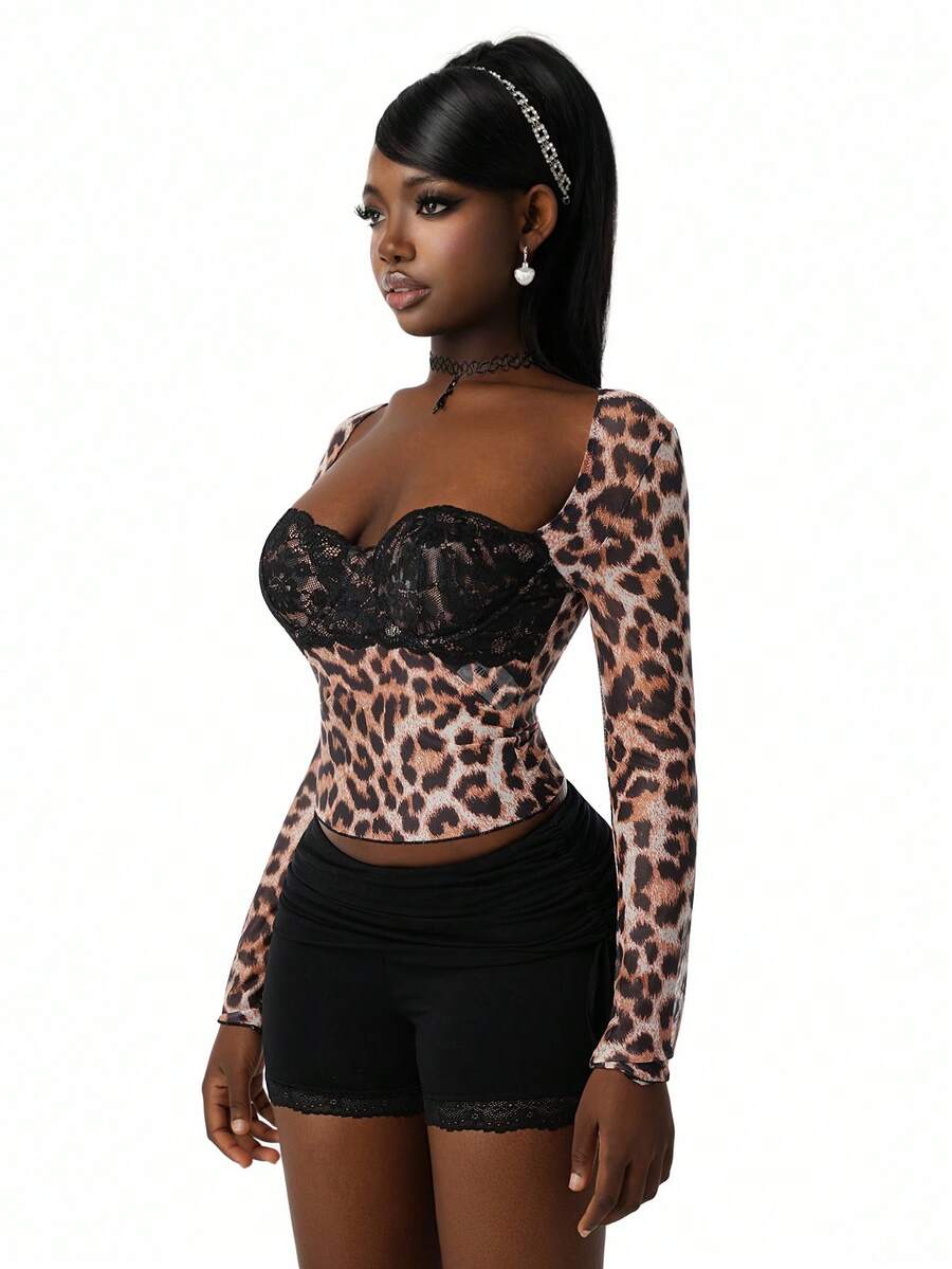 Wild Lace Leopard Long-Sleeve Top — SHEIN view 15