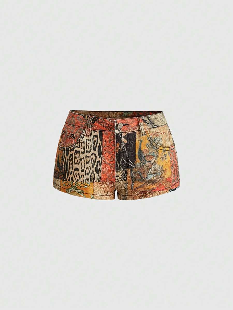 Wildprint Ultra-Low Denim Shorts in brown - front view
