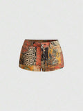 Wildprint Ultra-Low Denim Shorts in brown - front view