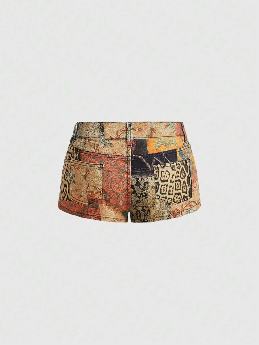 Wildprint Ultra-Low Denim Shorts in brown - back view
